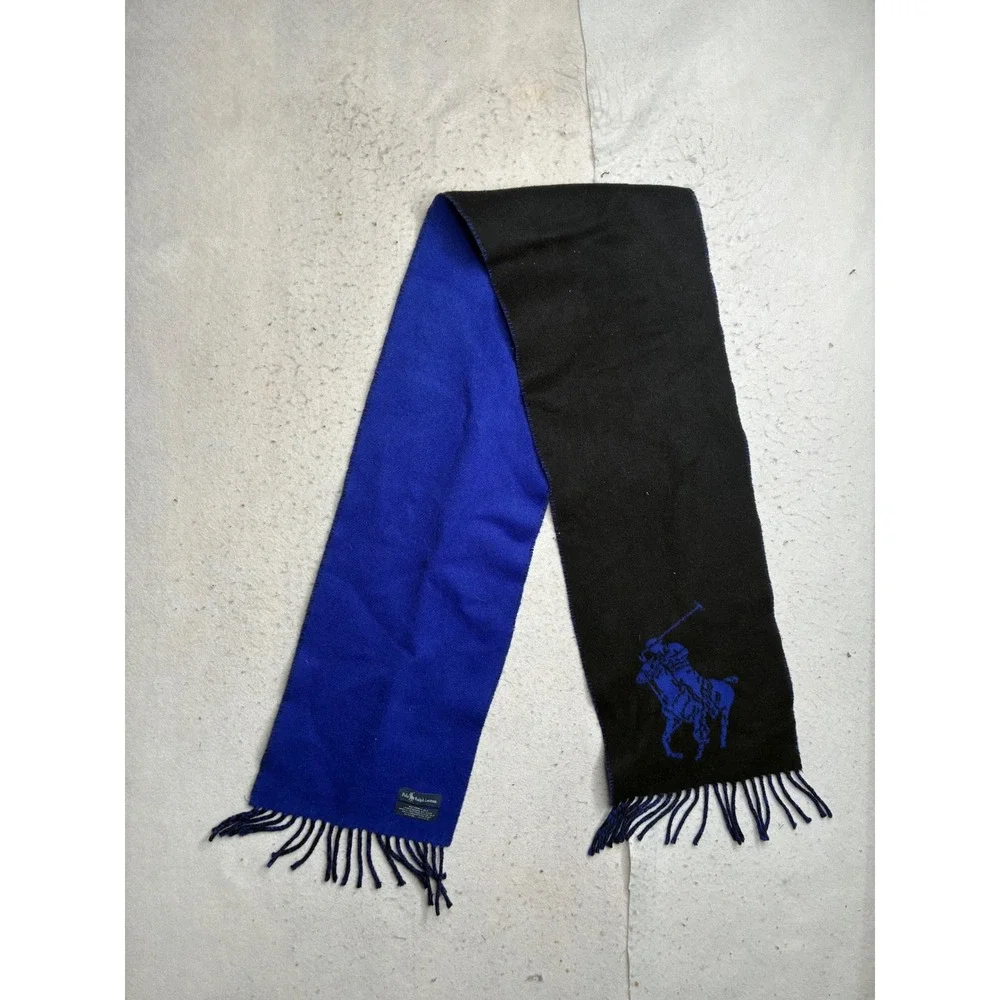 Polo Ralph Lauren Reversible Scarf Black Royal Blue Big Pony Lambswool Italy